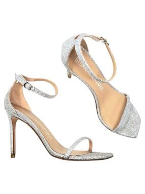 Stuart Weitzman Nudistcurve Glitter Ankle Strap Sandals Silver Crystal Size 8.5